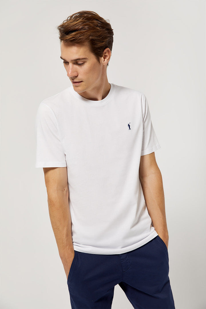 White short-sleeve T-shirt with Rigby Go logo