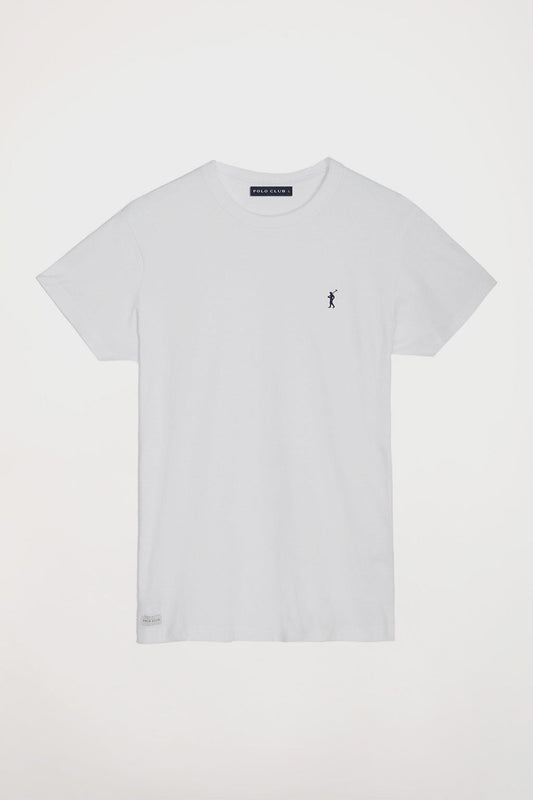 White short-sleeve T-shirt with Rigby Go logo