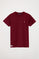 Maroon short-sleeve T-shirt with Rigby Go logo