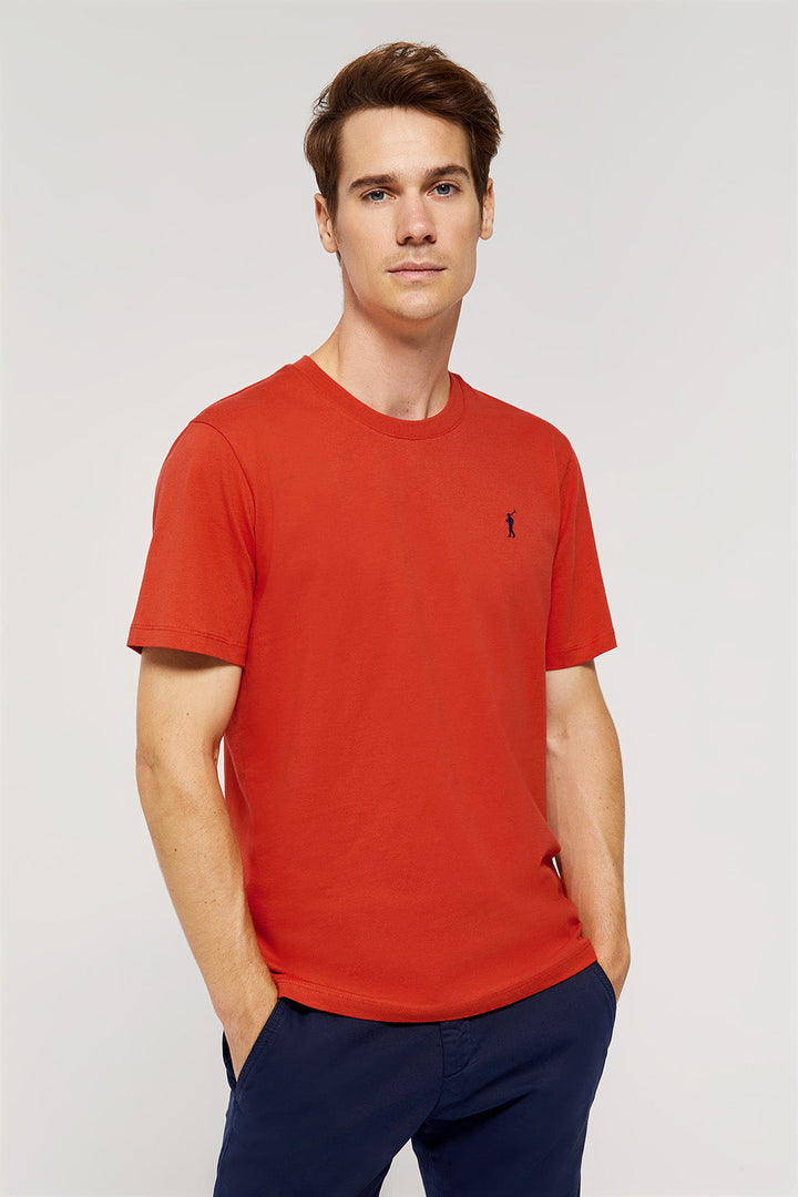 Red short-sleeve T-shirt with Rigby Go logo