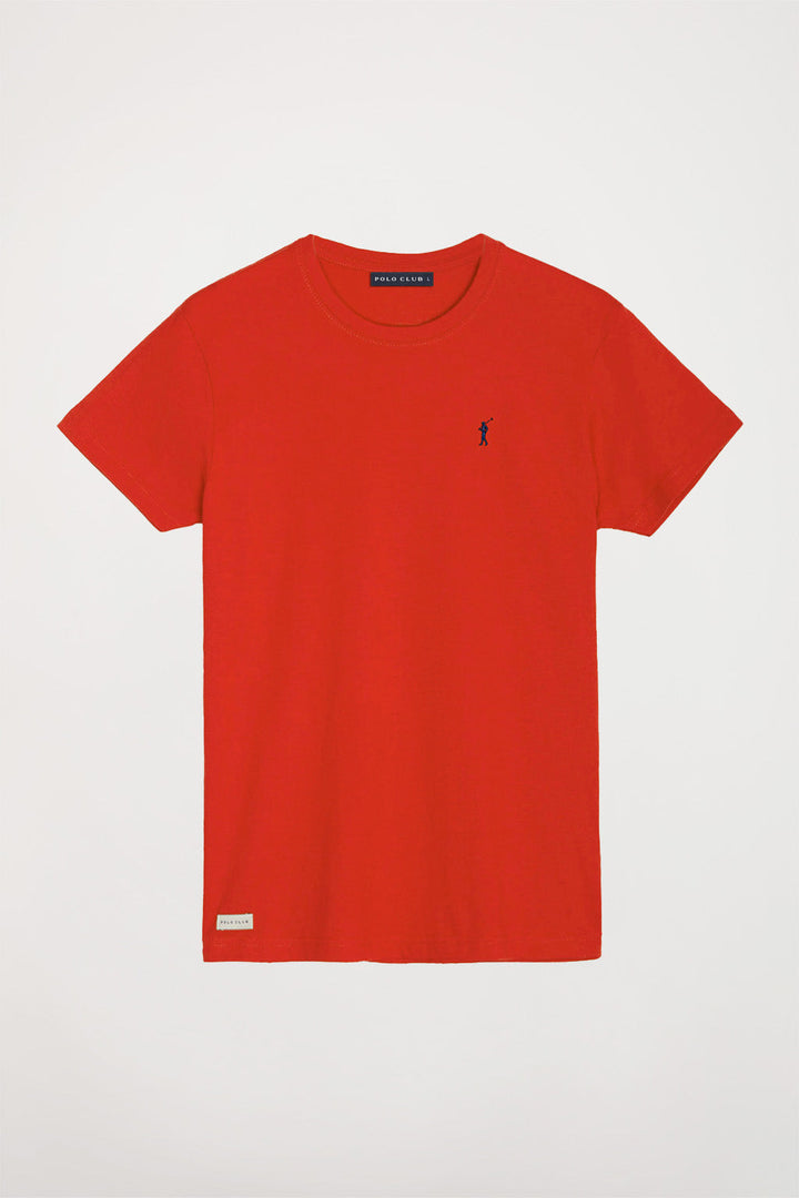 Red short-sleeve T-shirt with Rigby Go logo