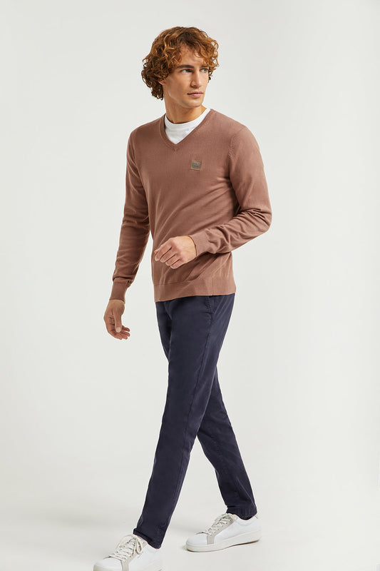 Taupe V-neck basic jumper with Polo Club logo