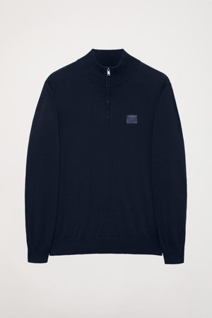 Maglione basic blu con collo alto e cerniera con logo Polo Club