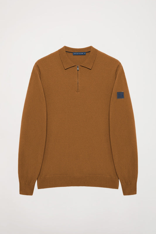 Brown half-zip polo-collar jumper with detail on sleeve