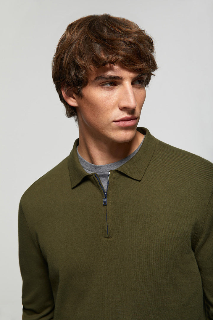 Olive-green half-zip polo-collar jumper with detail on sleeve