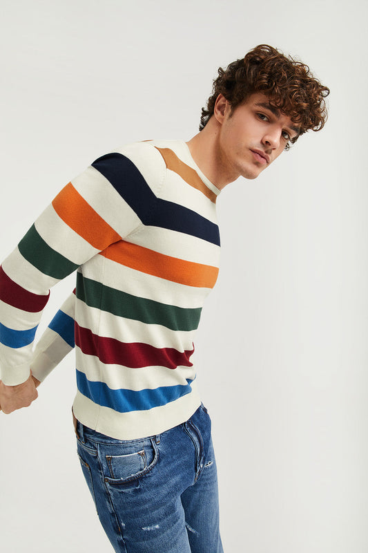 Striped block-colour round-neck jumper with embroidered logo