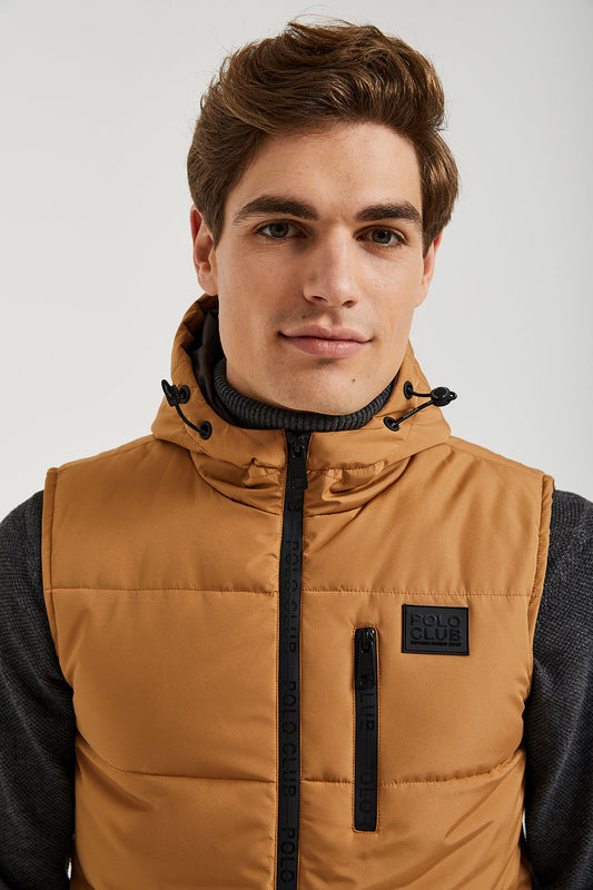 Brown puffer vest with chest logo and hood