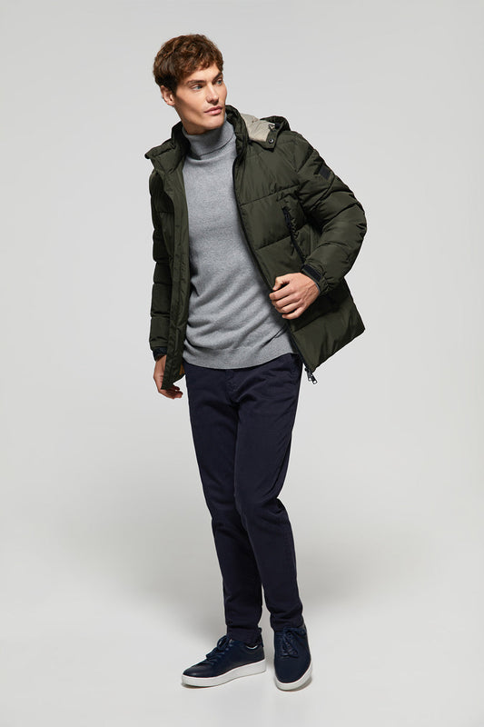 Green hooded puffer jacket with sleeve logo