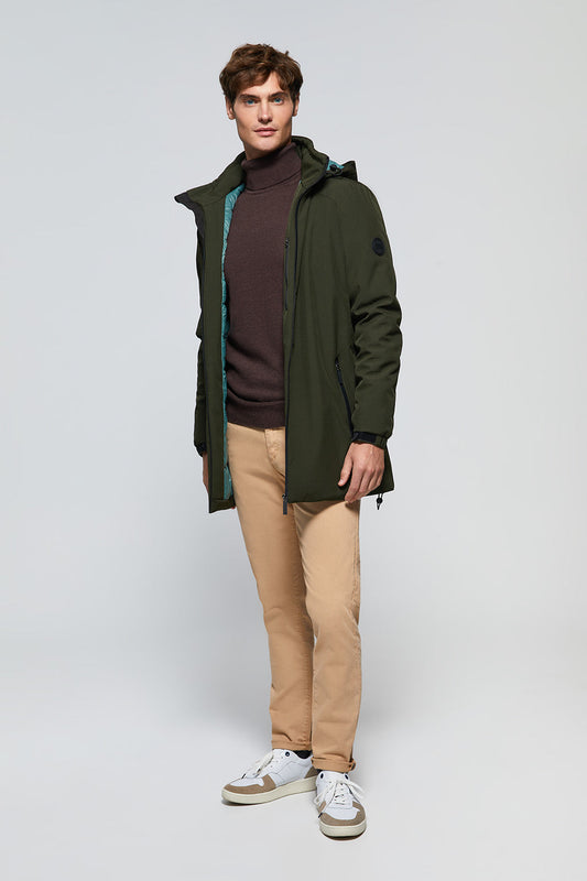 Khaki technical coat with detachable hood