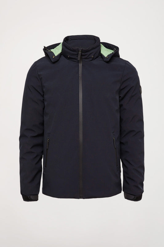 Navy-blue hooded technical jacket with sleeve logo