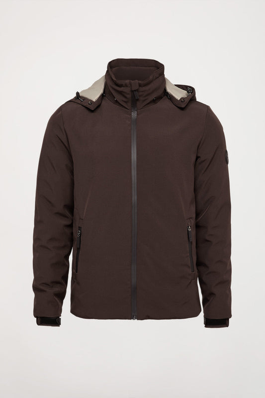Brown hooded technical jacket with sleeve logo