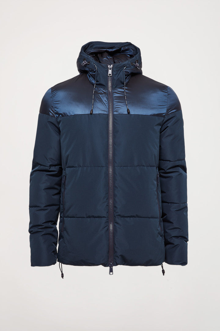 Petroleum-blue matt and glossy puffer jacket with sleeve patch