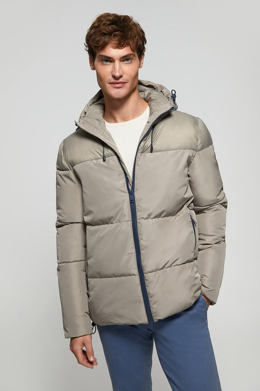 Grey matt and glossy puffer jacket with sleeve patch