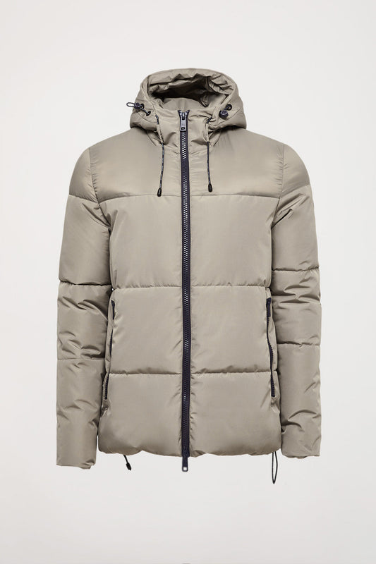 Grey matt and glossy puffer jacket with sleeve patch