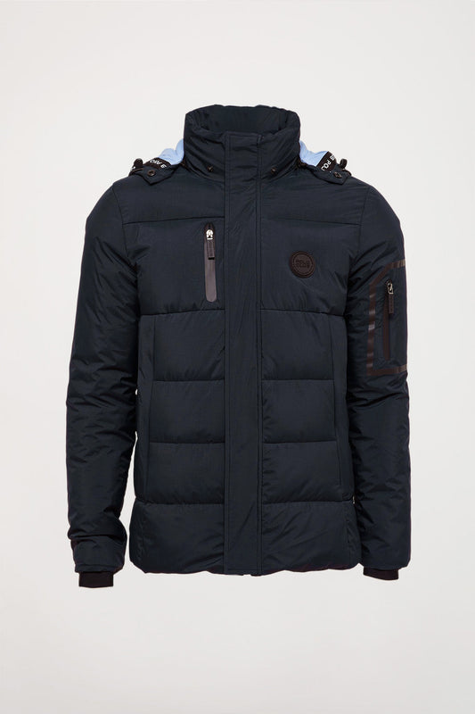 Navy-blue après-ski puffer jacket with detachable hood