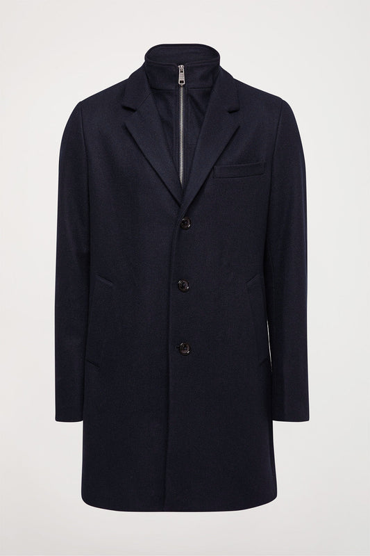Navy button-up coat with inner zip