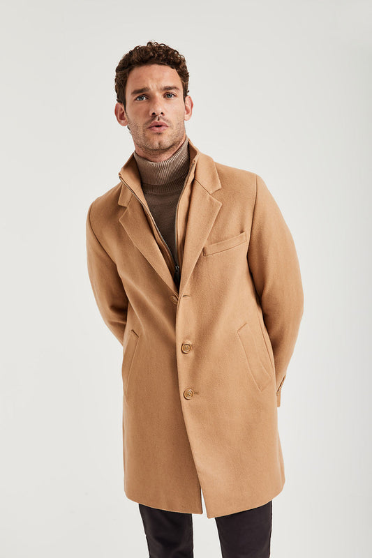 Camel button-up coat with inner zip