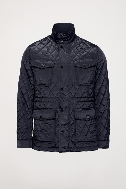 Navy-blue diamond-quilted jacket with pockets