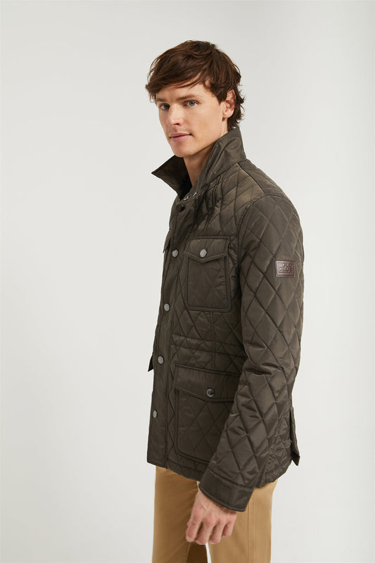 Olive-green diamond-quilted jacket with pockets
