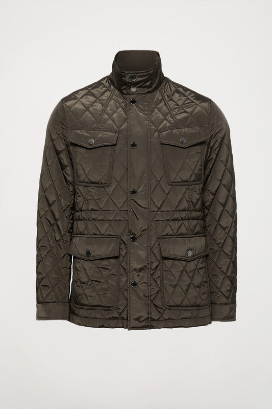 Olive-green diamond-quilted jacket with pockets