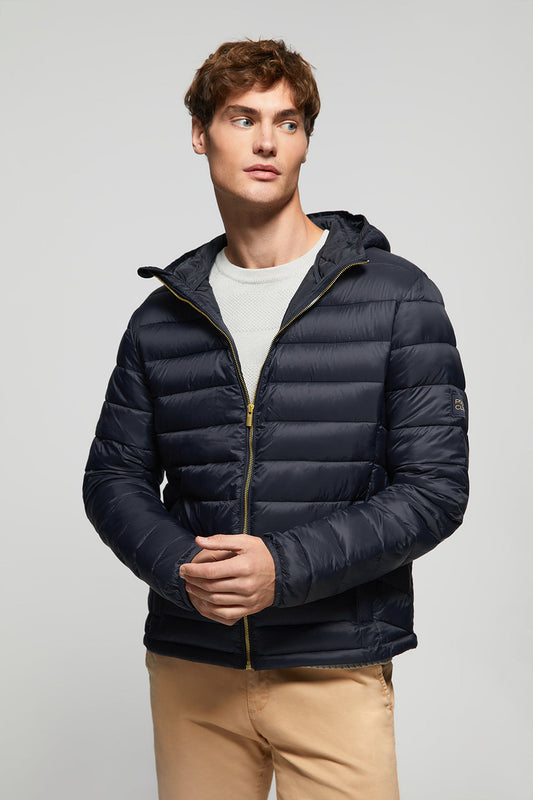 Navy ultralight recycled Mickael jacket with Polo Club textile label and hood