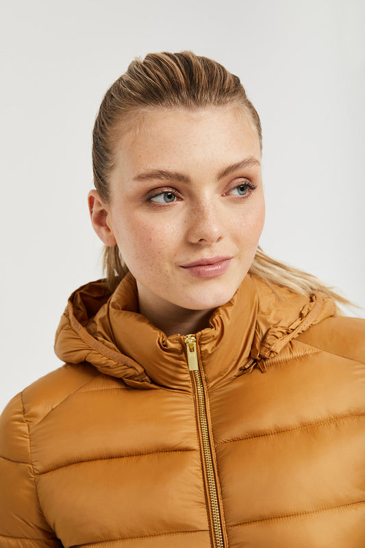 Brown light recycled Claudette coat with Polo Club textile label and hood