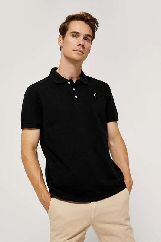 Black pique polo shirt with three-button placket and contrast embroidered logo