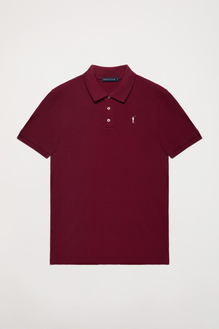 Burgundy pique polo shirt with three-button placket and contrast embroidered logo