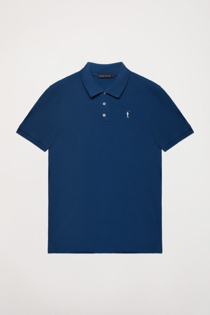 Piqué-Poloshirt indigoblau mit Knopfleiste mit drei Knöpfen und Logo-Stickerei in Kontrastfarbe