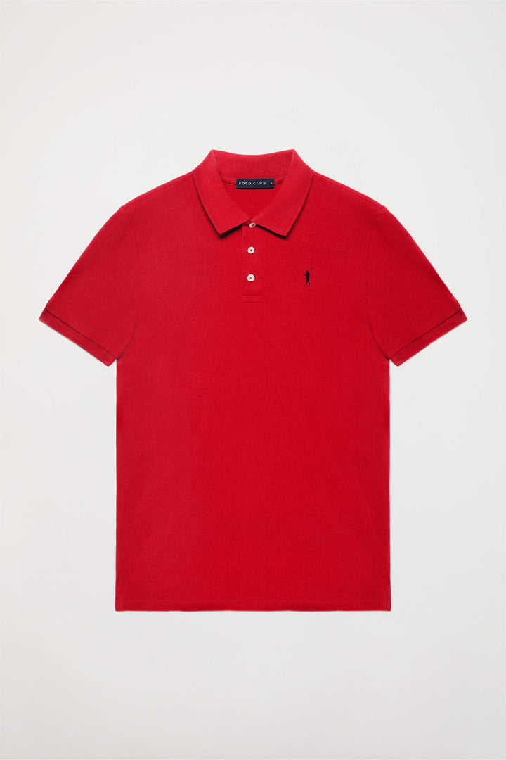 Red pique polo shirt with three-button placket and contrast embroidered logo