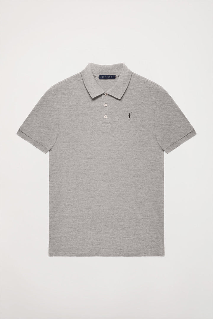 Piqué-Poloshirt grau meliert mit Knopfleiste mit drei Knöpfen und Logo-Stickerei in Kontrastfarbe