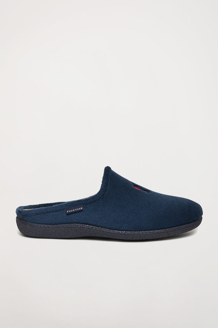 Navy-blue slippers with front embroidered logo in contrast colour