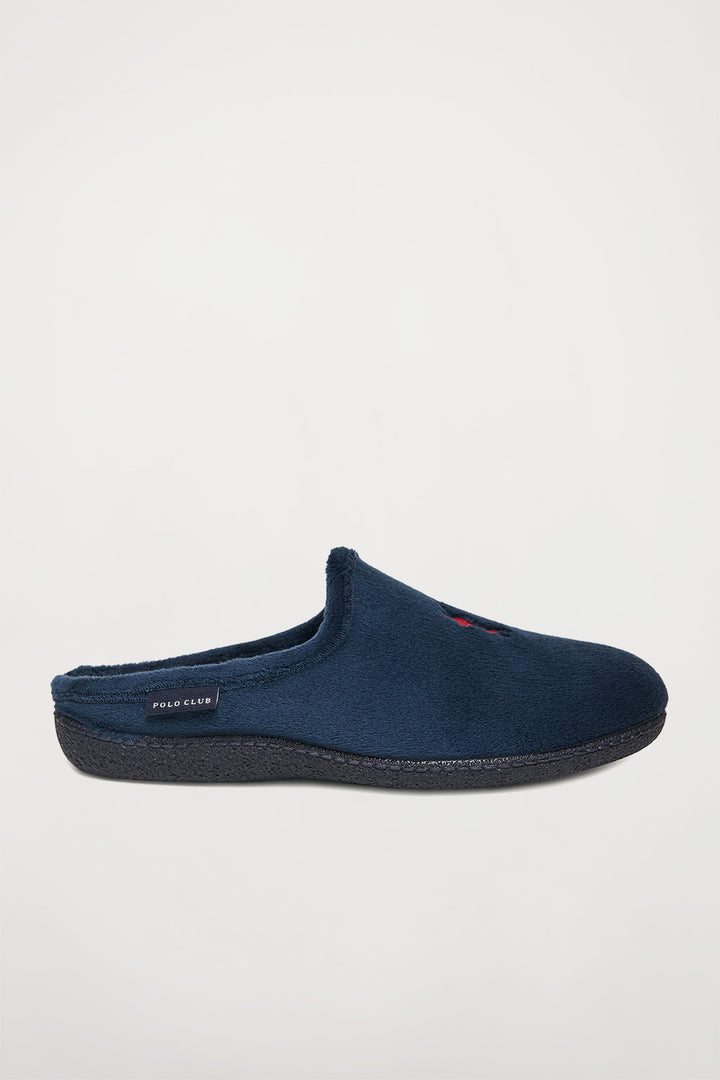 Navy-blue women’s slippers with logo