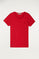 Organiczna czerwona koszulka z okrągłym dekoltem i z wyszywanym logo