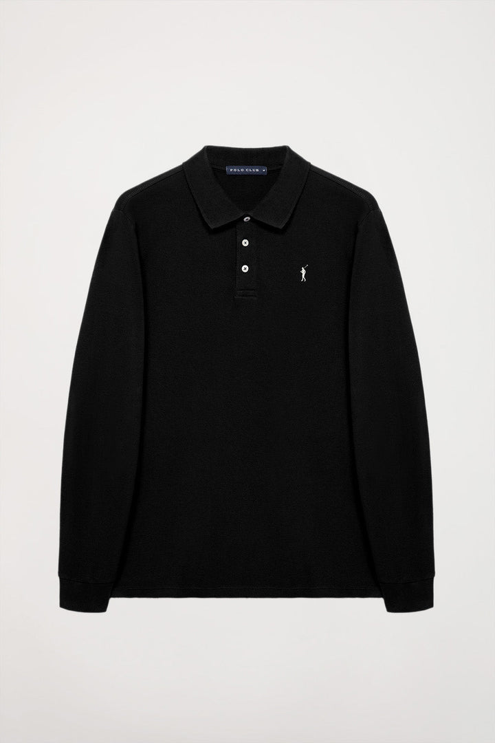 Black long-sleeve polo shirt with Rigby Go embroidery