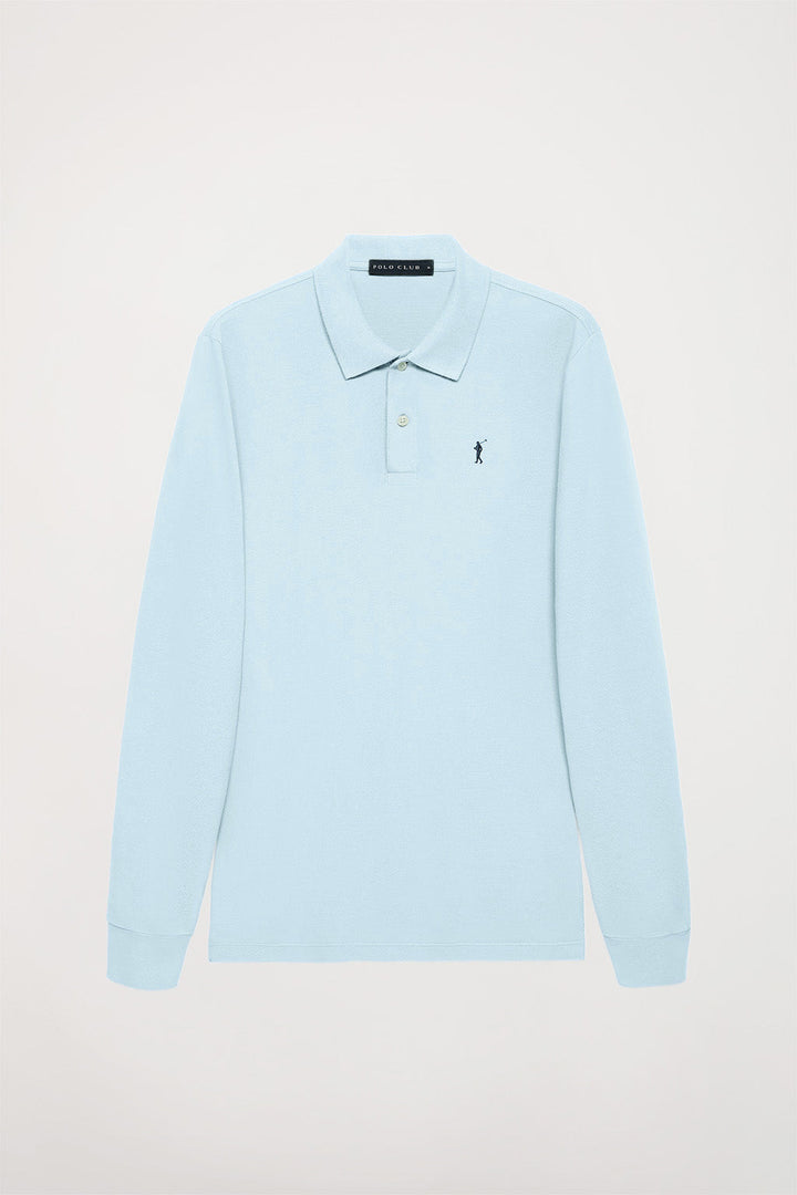 Sky-blue long-sleeve polo shirt with Rigby Go embroidery