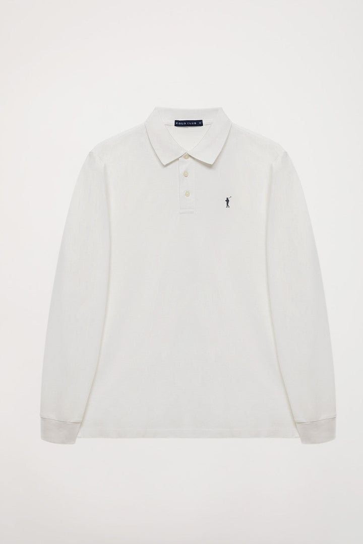 White long-sleeve polo shirt with Rigby Go embroidery