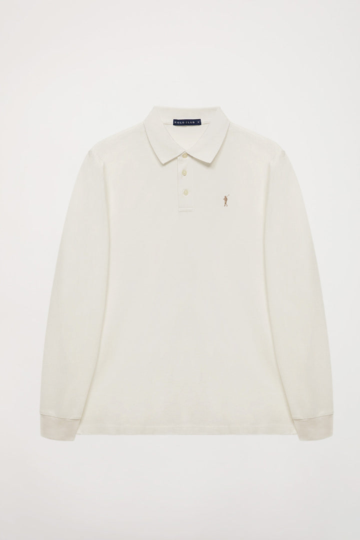 Beige long-sleeve polo shirt with Rigby Go embroidery