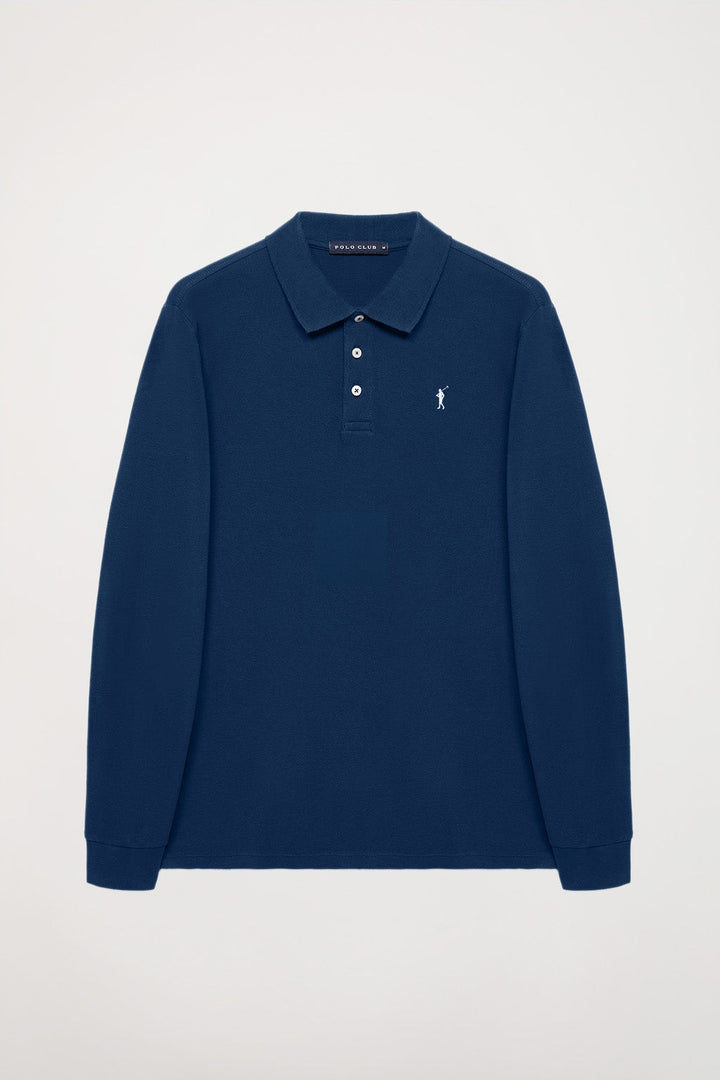 Indigo-blue long-sleeve polo shirt with Rigby Go embroidery