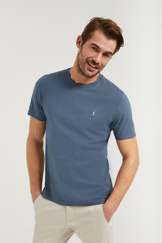 Maglietta basic blu denim in cotone con logo Rigby Go