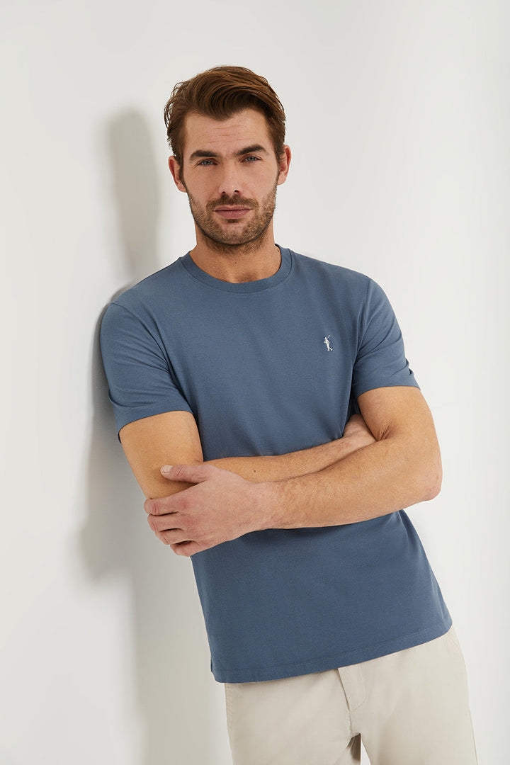 Kurzärmliges schlichtes Baumwoll-T-Shirt denimblau mit Rigby Go Logo