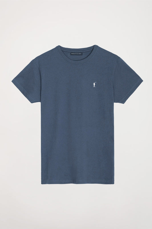 Kurzärmliges schlichtes Baumwoll-T-Shirt denimblau mit Rigby Go Logo