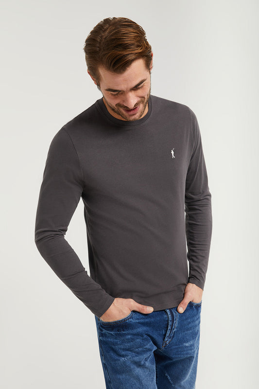 Asphalt-grey long-sleeve basic T-shirt with Rigby Go logo