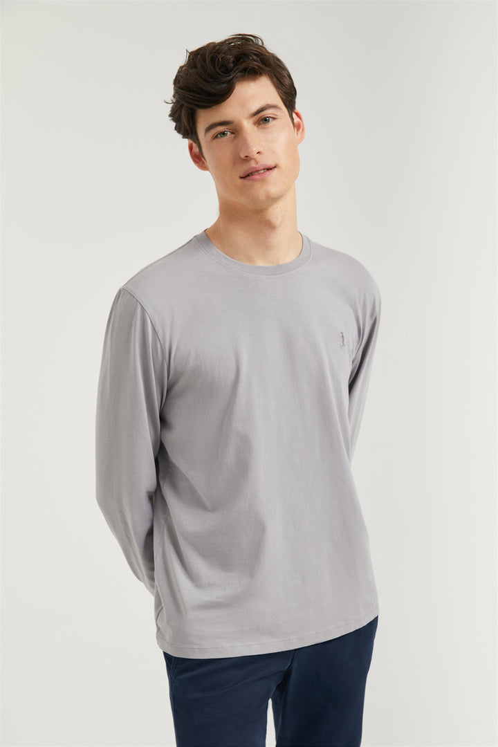 Grey long-sleeve basic T-shirt with Rigby Go logo