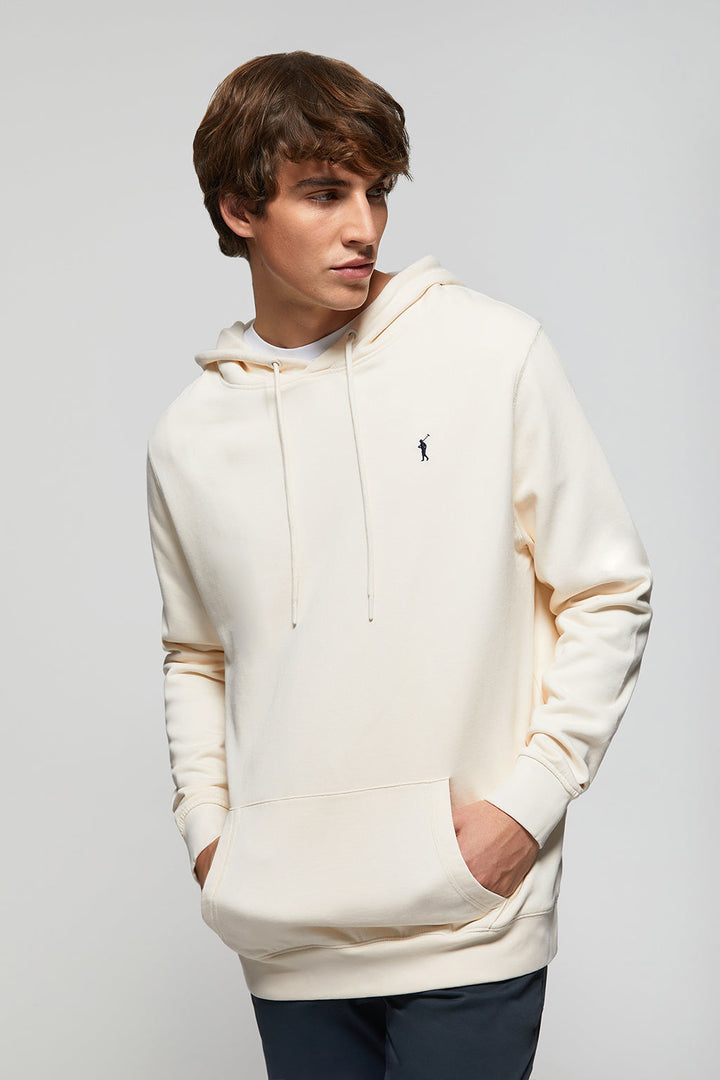 Beige hoodie with pockets and Rigby Go logo