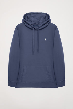 Denim-blue hoodie with pockets and Rigby Go logo