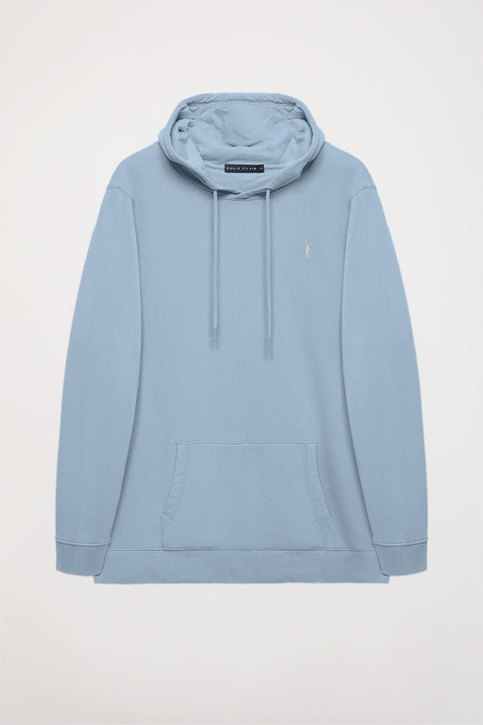 Sky-blue hoodie with pockets and Rigby Go logo