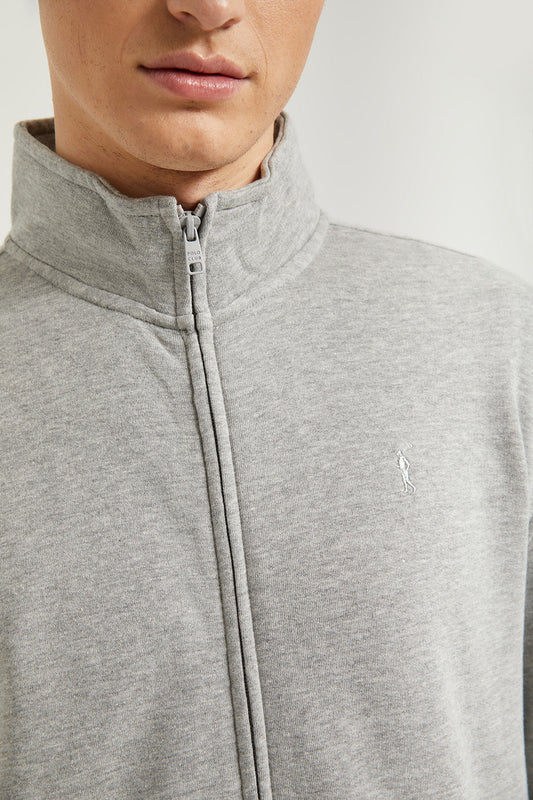 Sweater in gemêleerd grijs met rits en opstaande kraag met Rigby Go-logo