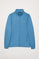 Blauwe sweater met rits en opstaande kraag met Rigby Go-logo