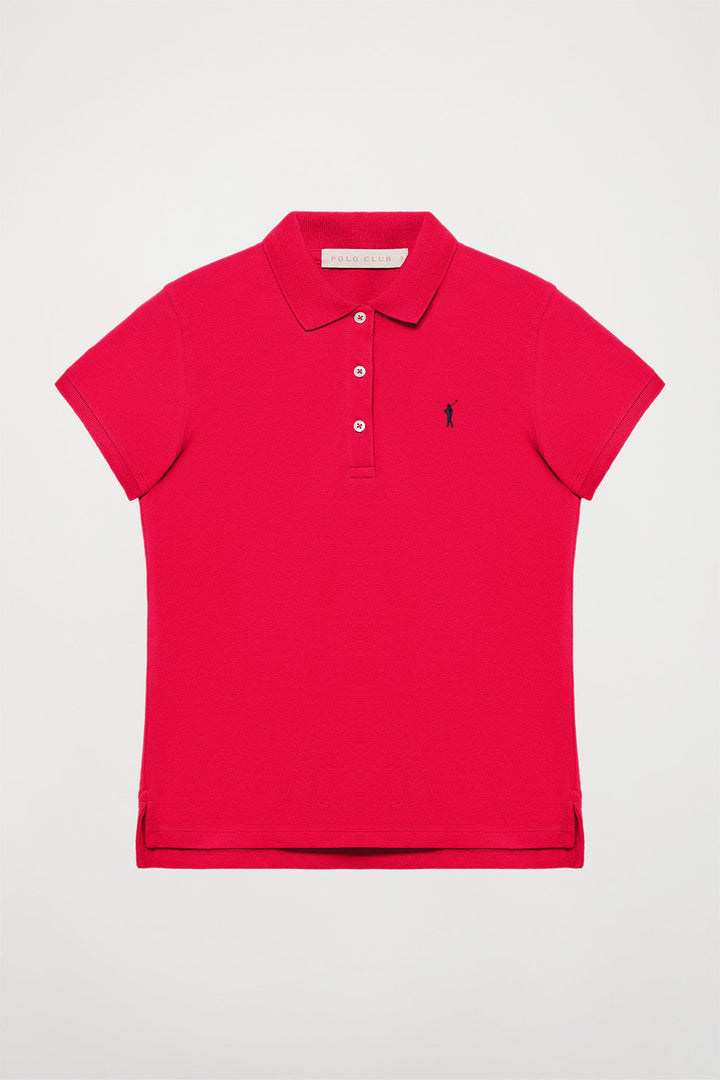 Fuchsia short-sleeve pique polo shirt with Rigby Go logo